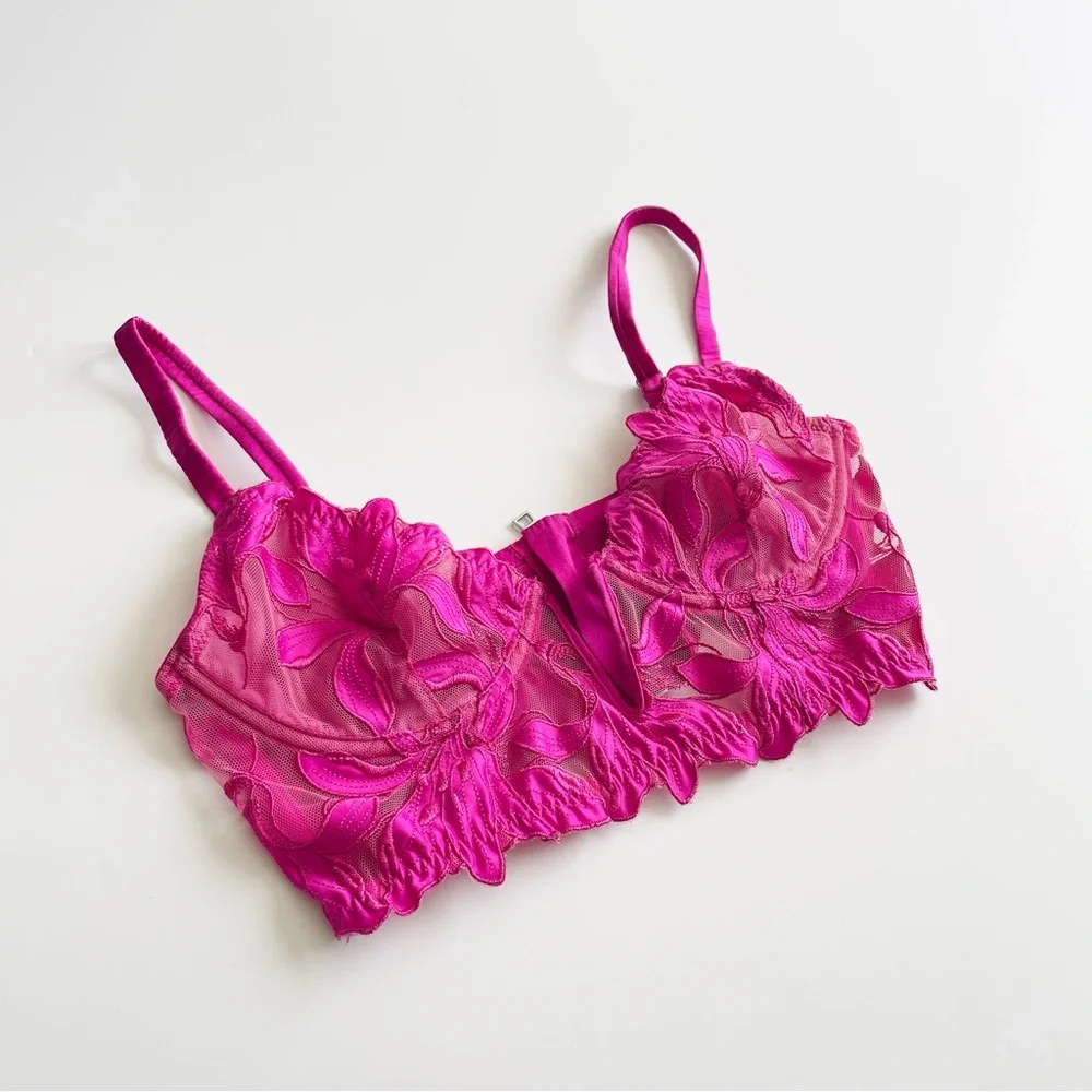 Fleur du Mal 32B Lily embroidered longlined unlined demi bra in fuchsia pink